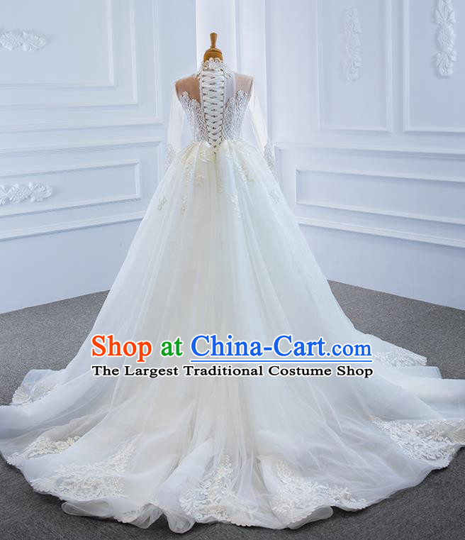 Custom Compere White Trailing Full Dress Catwalks Princess Costume Marriage Bride Clothing Vintage Embroidery Wedding Dress Luxury Formal Garment