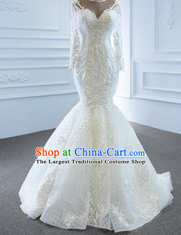 Custom Compere Fishtail Full Dress Catwalks Princess Costume Marriage Bride Clothing Vintage Embroidery Wedding Dress Luxury Formal Garment