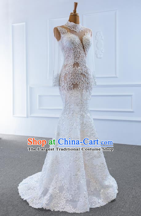 Custom Luxury Formal Garment Compere White Fishtail Full Dress Catwalks Princess Costume Marriage Bride Clothing Vintage Embroidery Lace Wedding Dress