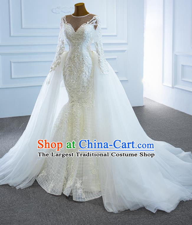 Custom Compere Fishtail Full Dress Catwalks Princess Costume Marriage Bride Clothing Vintage Embroidery Wedding Dress Luxury Formal Garment