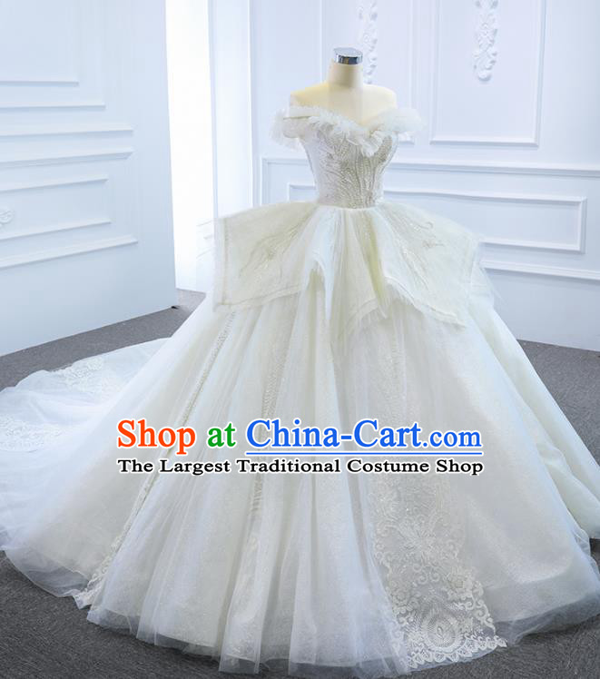 Custom Compere Trailing Full Dress Catwalks Princess Costume Marriage Bride Clothing Vintage White Wedding Dress Luxury Embroidery Pearls Formal Garment