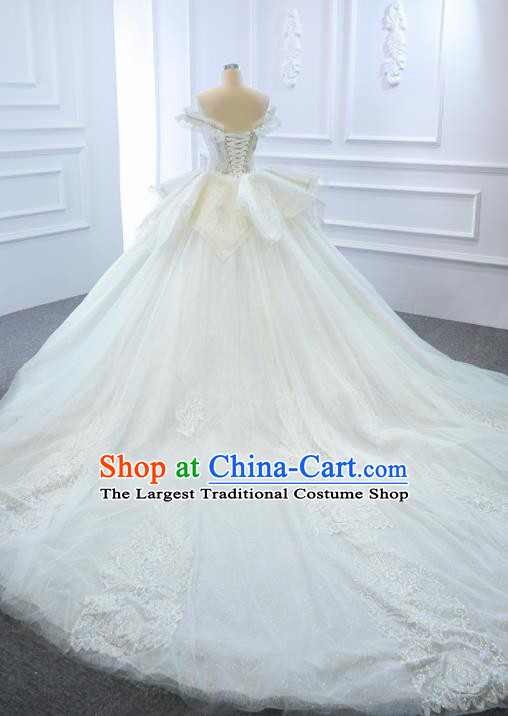 Custom Compere Trailing Full Dress Catwalks Princess Costume Marriage Bride Clothing Vintage White Wedding Dress Luxury Embroidery Pearls Formal Garment