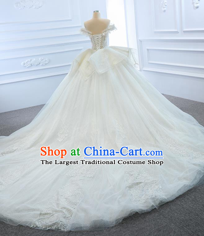 Custom Compere Trailing Full Dress Catwalks Princess Costume Marriage Bride Clothing Vintage White Wedding Dress Luxury Embroidery Pearls Formal Garment