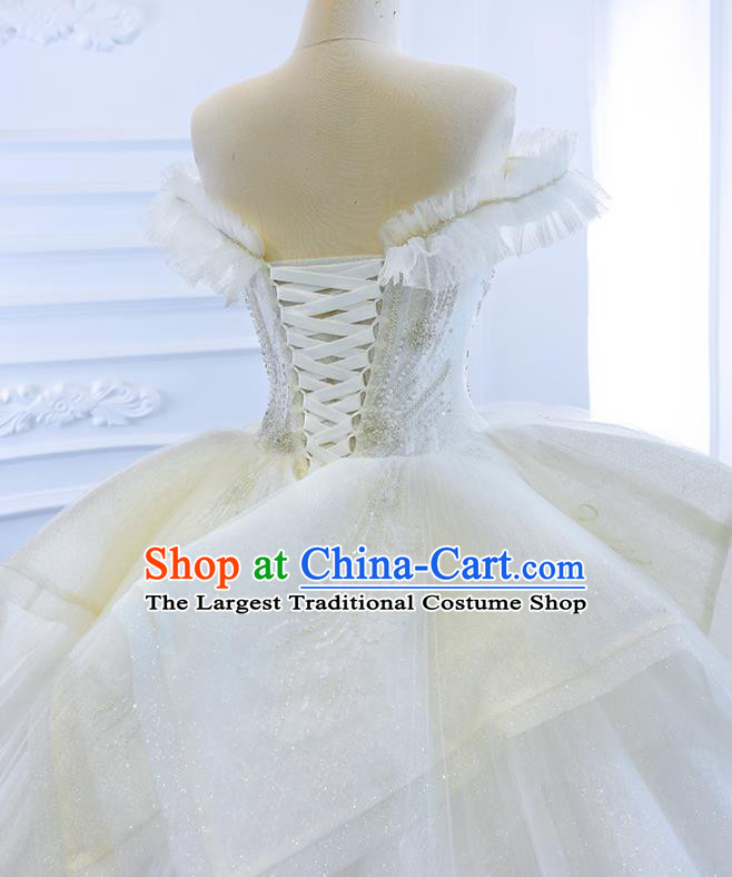 Custom Compere Trailing Full Dress Catwalks Princess Costume Marriage Bride Clothing Vintage White Wedding Dress Luxury Embroidery Pearls Formal Garment