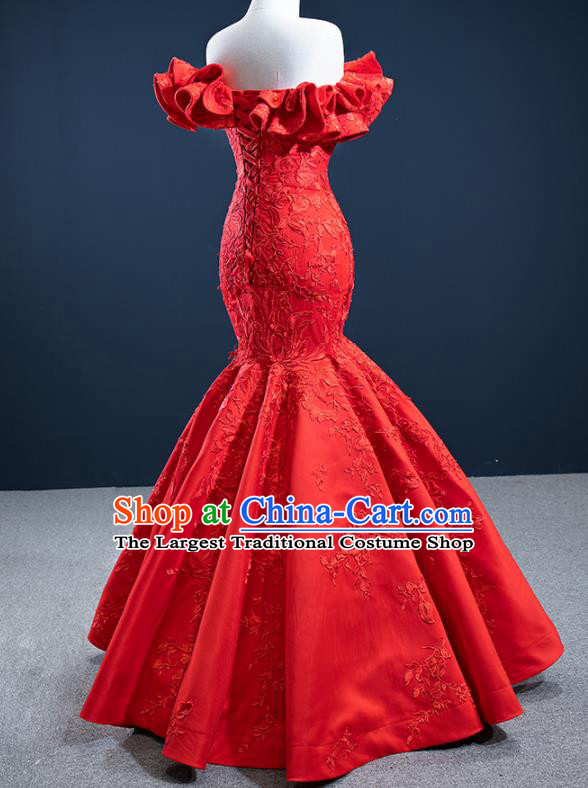 Custom Vintage Bride Clothing Wedding Dress Marriage Embroidery Formal Garment Compere Luxury Red Fishtail Full Dress Catwalks Princess Costume
