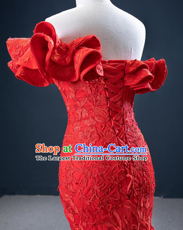 Custom Vintage Bride Clothing Wedding Dress Marriage Embroidery Formal Garment Compere Luxury Red Fishtail Full Dress Catwalks Princess Costume