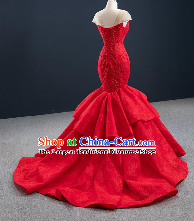 Custom Compere Luxury Red Fishtail Full Dress Catwalks Princess Costume Vintage Bride Clothing Wedding Dress Marriage Embroidery Formal Garment