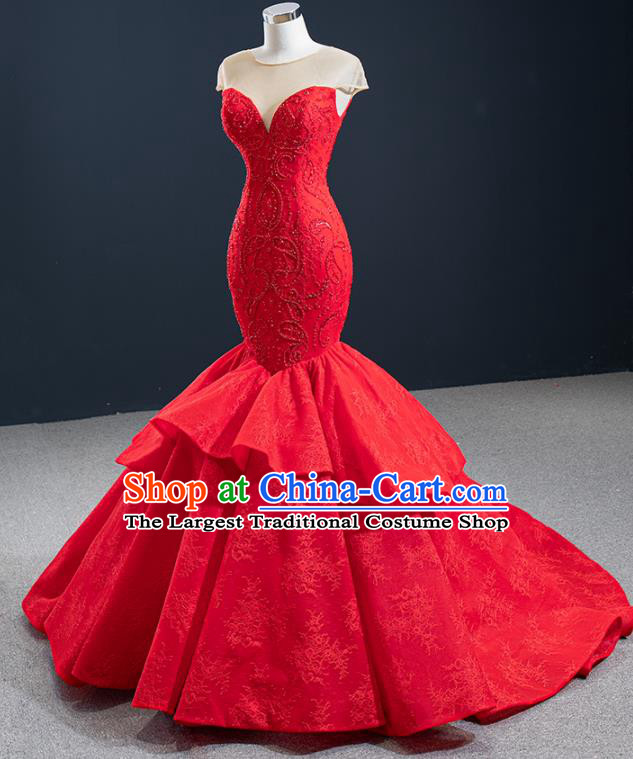 Custom Vintage Wedding Dress Marriage Embroidery Formal Garment Compere Luxury Red Fishtail Full Dress Catwalks Princess Costume Bride Clothing