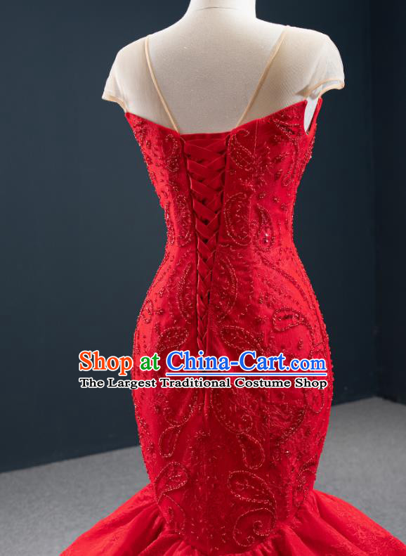 Custom Vintage Wedding Dress Marriage Embroidery Formal Garment Compere Luxury Red Fishtail Full Dress Catwalks Princess Costume Bride Clothing