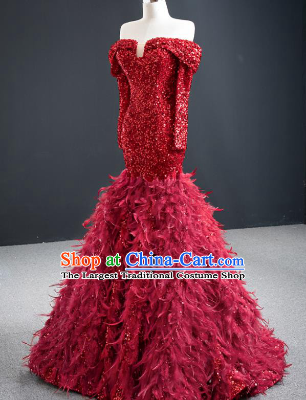 Custom Compere Luxury Wine Red Feather Full Dress Catwalks Princess Costume Bride Clothing Vintage Fishtail Wedding Dress Marriage Formal Garment