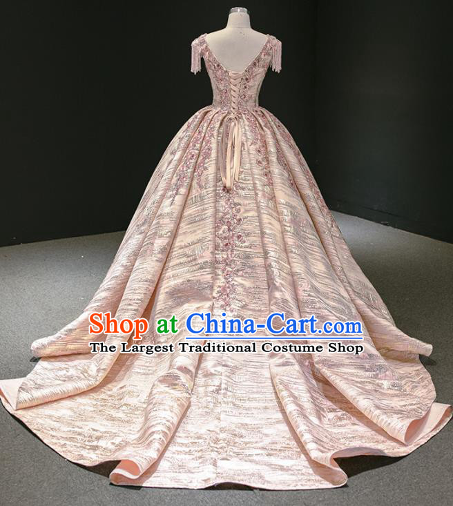 Custom Marriage Luxury Trailing Full Dress Catwalks Princess Costume Vintage Bride Clothing Embroidery Pink Wedding Dress Compere Formal Garment