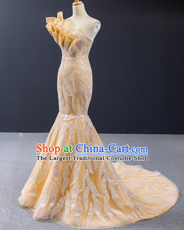 Custom Vintage Bride Clothing Luxury Yellow Wedding Dress Compere Formal Garment Marriage Fishtail Full Dress Catwalks Princess Costume