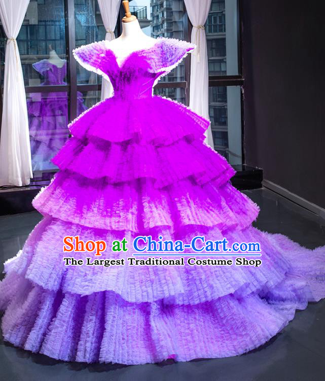 Custom Court Purple Trailing Full Dress European Princess Costume Vintage Bride Clothing Luxury Wedding Dress Compere Formal Garment