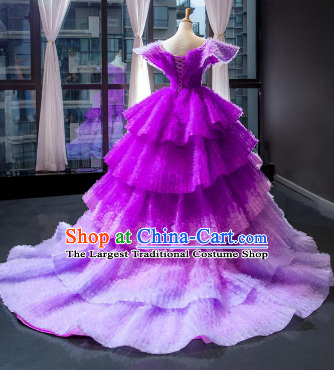 Custom Court Purple Trailing Full Dress European Princess Costume Vintage Bride Clothing Luxury Wedding Dress Compere Formal Garment