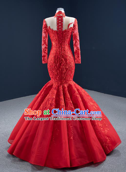 Custom Marriage Bride Clothing Vintage Embroidery Fishtail Wedding Dress Luxury Formal Garment Compere Red Lace Full Dress Catwalks Princess Costume