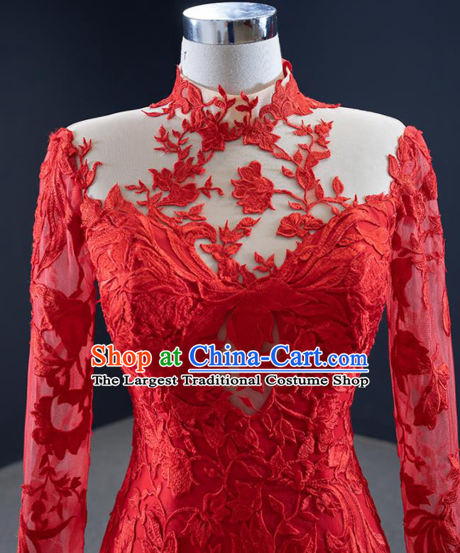 Custom Marriage Bride Clothing Vintage Embroidery Fishtail Wedding Dress Luxury Formal Garment Compere Red Lace Full Dress Catwalks Princess Costume