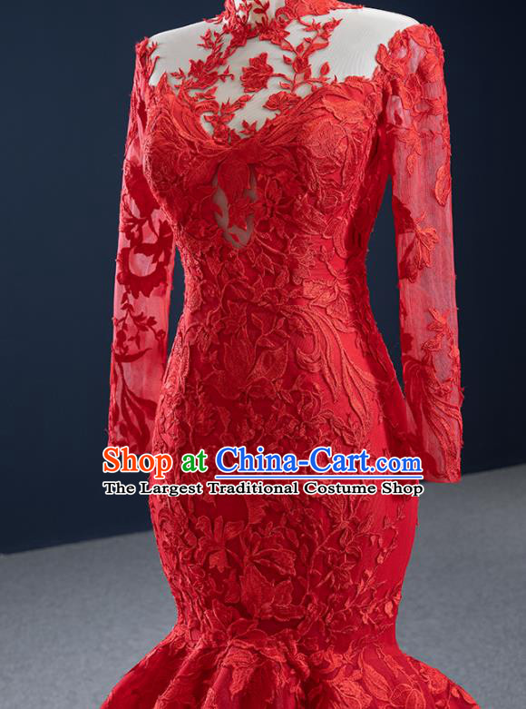 Custom Marriage Bride Clothing Vintage Embroidery Fishtail Wedding Dress Luxury Formal Garment Compere Red Lace Full Dress Catwalks Princess Costume
