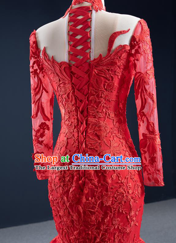 Custom Marriage Bride Clothing Vintage Embroidery Fishtail Wedding Dress Luxury Formal Garment Compere Red Lace Full Dress Catwalks Princess Costume