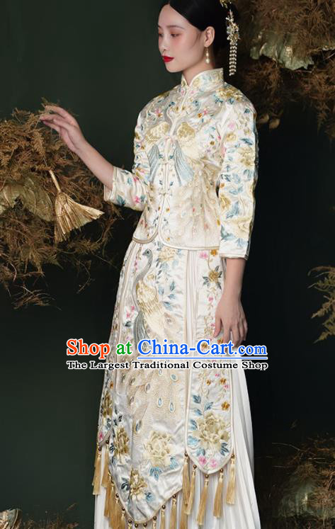 China Wedding Garment Costumes Bride Toasting Beige Dress Outfits Traditional Xiuhe Suits Embroidery Bridal Attire Clothing