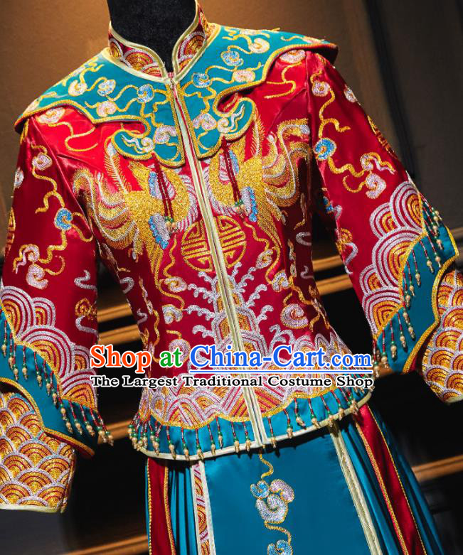 China Wedding Garment Costumes Bride Toasting Dress Outfits Traditional Blue Xiuhe Suits Embroidery Bridal Attire Clothing