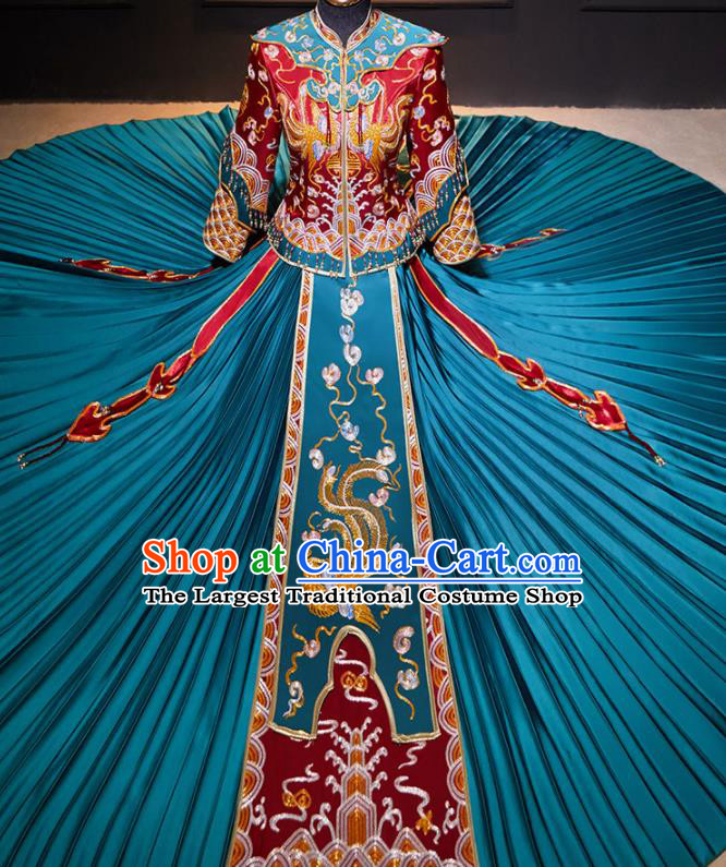 China Wedding Garment Costumes Bride Toasting Dress Outfits Traditional Blue Xiuhe Suits Embroidery Bridal Attire Clothing