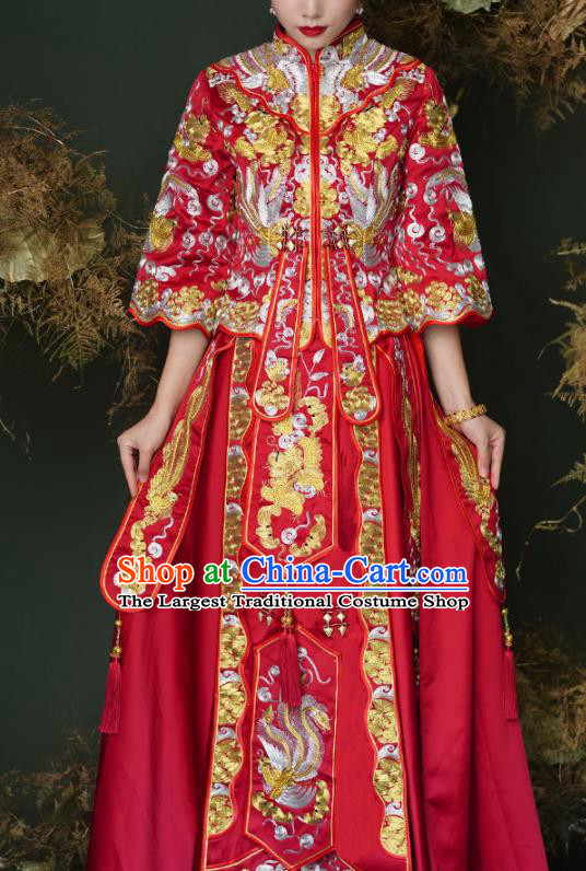 China Embroidery Dragon Phoenix Bridal Attire Clothing Wedding Garment Costumes Bride Toasting Dress Outfits Traditional Red Xiuhe Suits