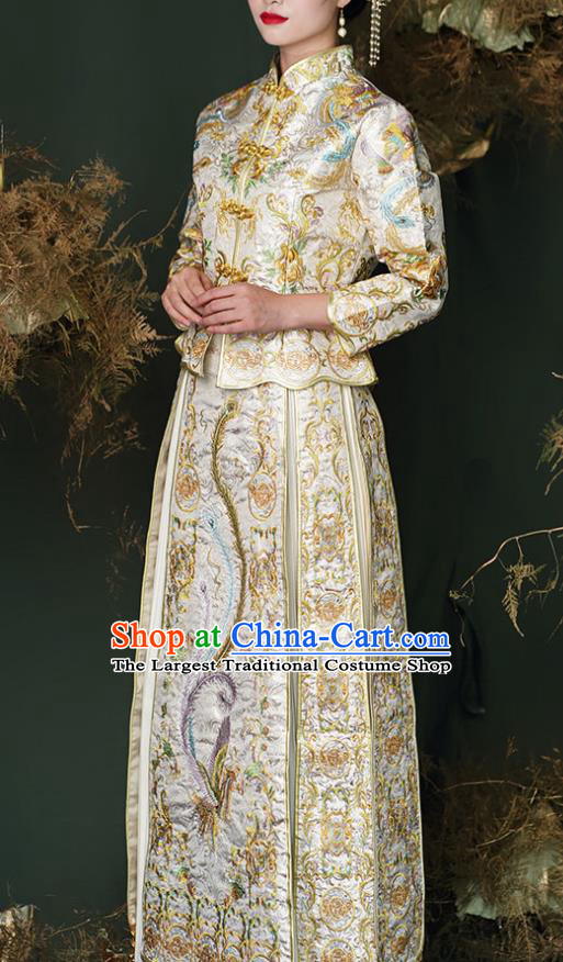 China Traditional Light Golden Xiuhe Suits Embroidery Dragon Phoenix Bridal Attire Clothing Wedding Toasting Garment Costumes Bride Dress Outfits