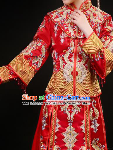 China Traditional Bride Dress Outfits Embroidery Red Xiuhe Suits Bridal Attire Clothing Wedding Diamante Garment Costumes