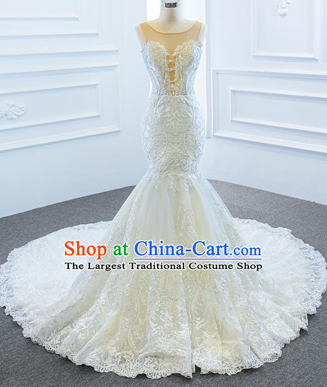 Custom European Princess Costume Bride Clothing Luxury White Lace Wedding Dress Compere Formal Garment Court Vintage Trailing Full Dress