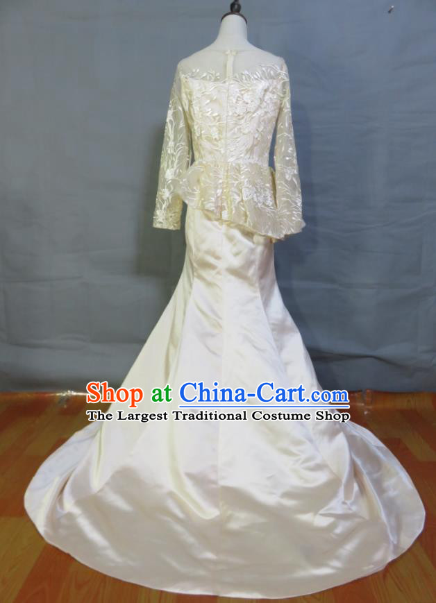Custom Photography Clothing Beige Satin Wedding Dress Modern Dance Fashion Costume Bride Trailing Full Dress