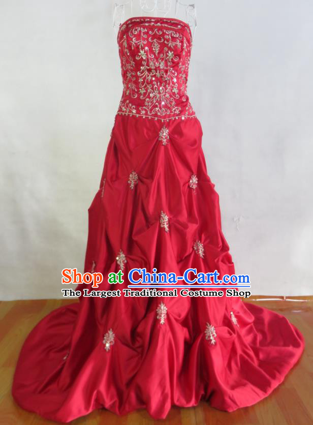 Custom Bride Trailing Full Dress Photography Clothing Red Satin Wedding Dress Modern Dance Fashion Costume