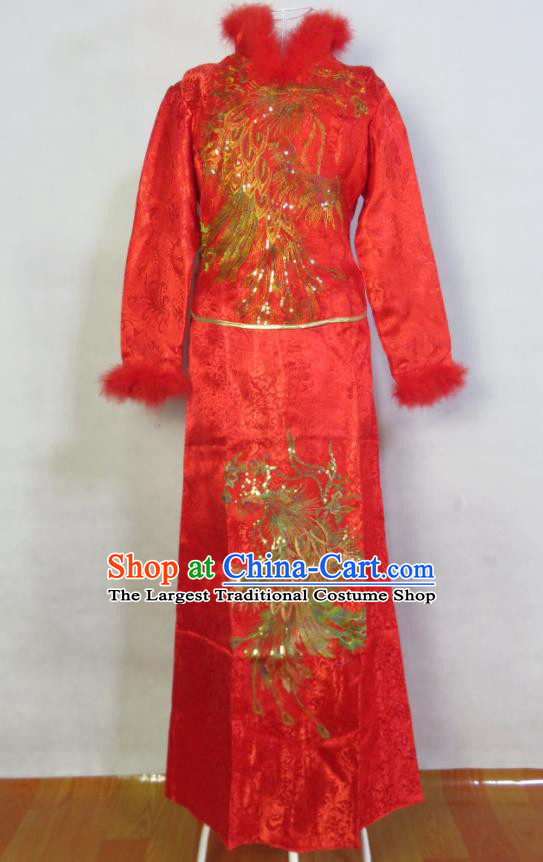 China Traditional Embroidery Phoenix Xiuhe Suits Ancient Bride Dress Toasting Clothing Wedding Garment Costumes Classical Red Brocade Cheongsam