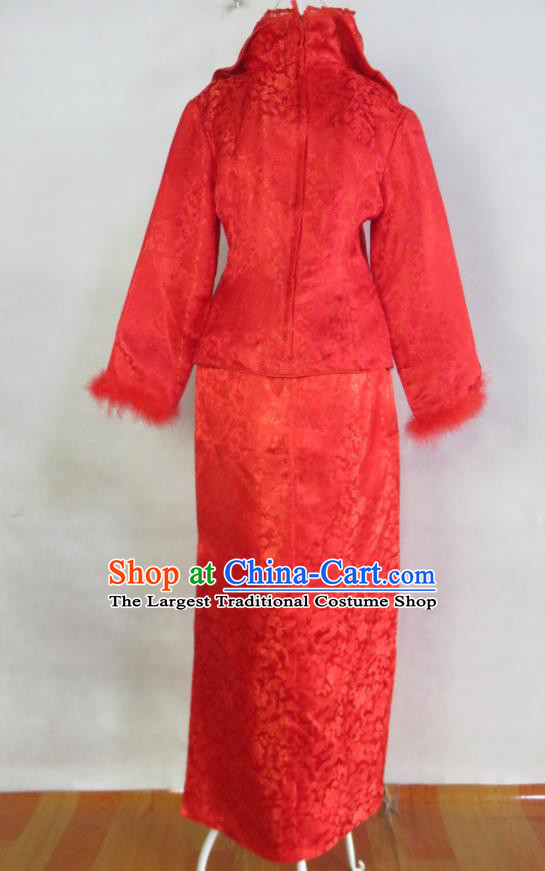 China Classical Red Brocade Cheongsam Traditional Embroidery Xiuhe Suits Ancient Toasting Clothing Bride Dress Wedding Garment Costumes
