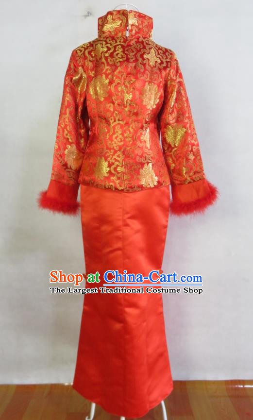 China Traditional Winter Wedding Garment Costumes Tang Suit Cheongsam Classical Xiuhe Suits Ancient Toasting Clothing Bride Red Satin Dress