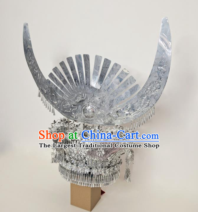 Chinese Dong Minority Woman Silver Headpieces Ethnic Wedding Headwear Miao Nationality Bride Hat