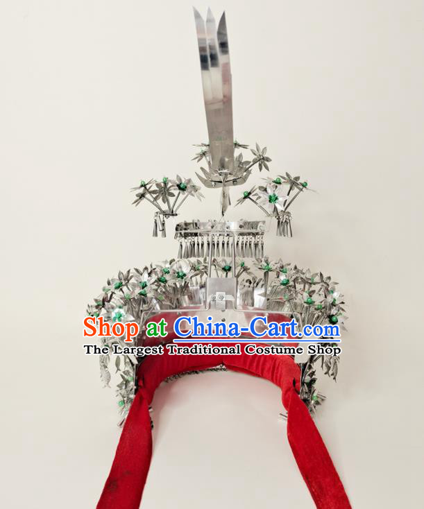 Chinese Dong Minority Woman Silver Headdress Miao Ethnic Bride Wedding Headwear Hmong Nationality Stage Performance Hat