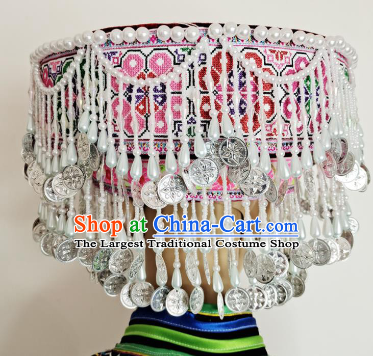Chinese Yao Minority Woman Wedding Headdress Yunnan Ethnic Bride Headwear Miao Nationality Stage Performance Tassel Hat