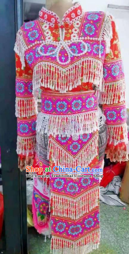 China Yunnan Ethnic Wedding Clothing Traditional Hmong Dance Red Dress Outfits Guizhou Minority Bride Garments Miao Nationality Costumes