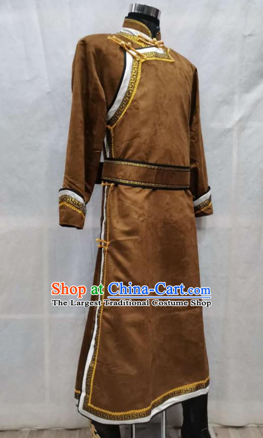 Chinese Traditional Maroon Suede Fabric Mongolian Robe Ethnic Nadam Festival Performance Costume Mongol Nationality Folk Dance Clothing