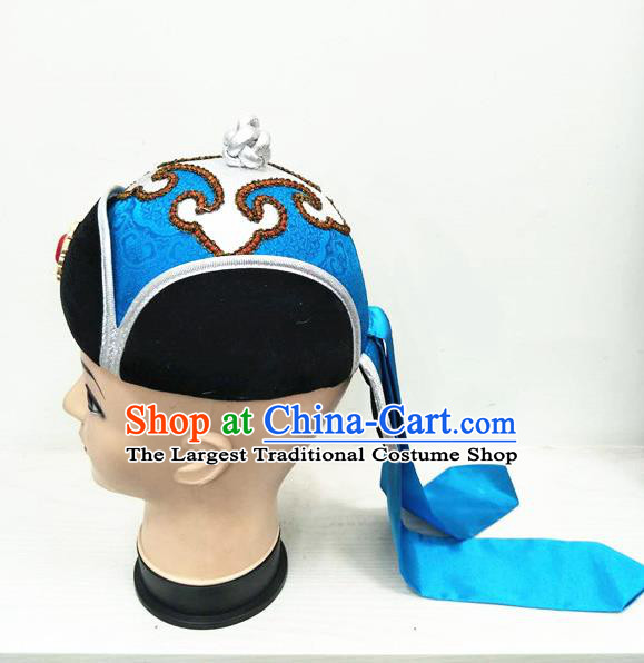 China Mongolian Nationality Boys Dance Headdress Ancient Yuan Dynasty Prince Headwear Handmade Children Blue Satin Hat