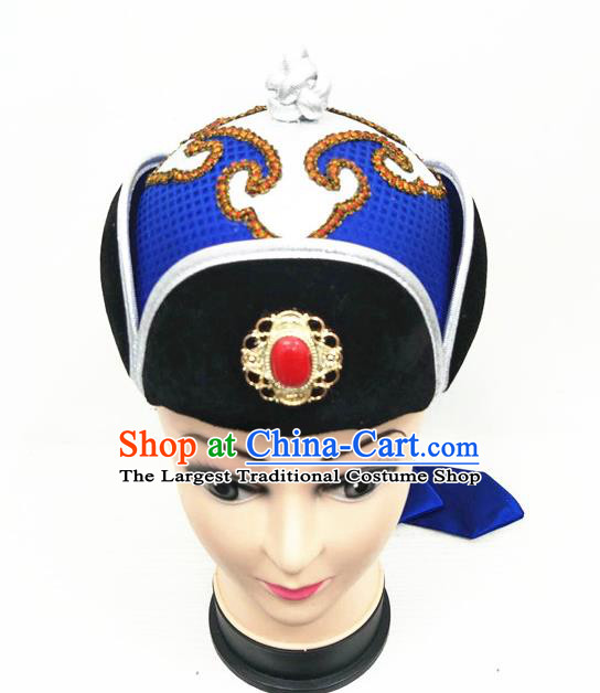 China Handmade Children Royalblue Satin Hat Mongolian Nationality Boys Dance Headdress Ancient Yuan Dynasty Prince Headwear