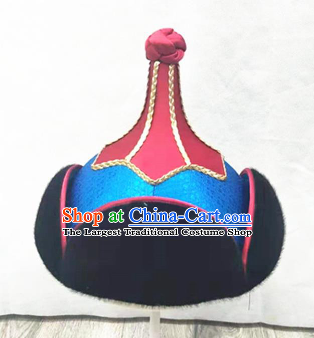 China Mongol Nationality Folk Dance Headwear Handmade Bridegroom Blue Hat Mongolian Nationality Wedding Headdress