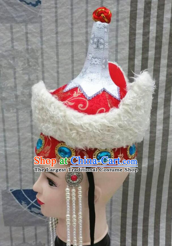 Chinese Ethnic Stage Performance Headdress Mongol Nationality Bride Tassel Red Hat Mongolian Minority Wedding Hair Accessories