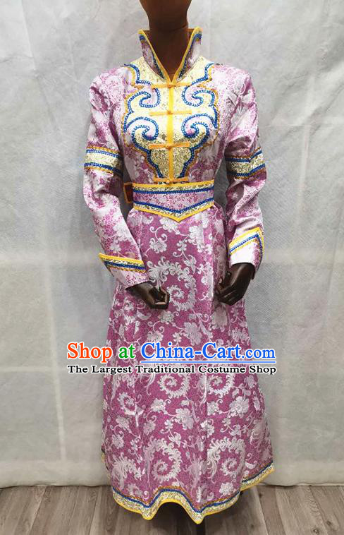 China Mongol Minority Woman Garments Moggol Nationality Performance Clothing Traditional Mongolian Folk Dance Lilac Brocade Dress