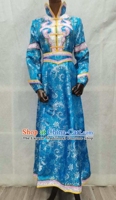 China Traditional Mongolian Folk Dance Blue Brocade Dress Mongol Minority Woman Garments Moggol Nationality Performance Clothing