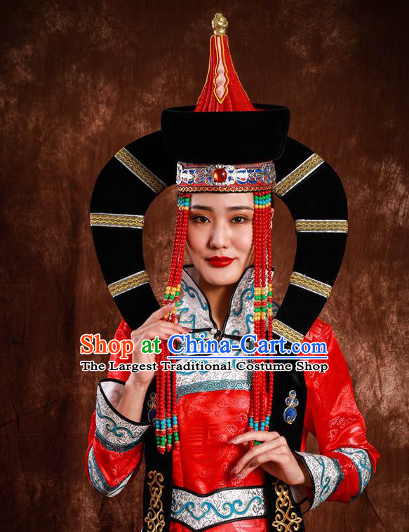 China Mongol Nationality Wedding Headwear Handmade Ethnic Bride Red Hat Mongolian Nationality Festival Headdress