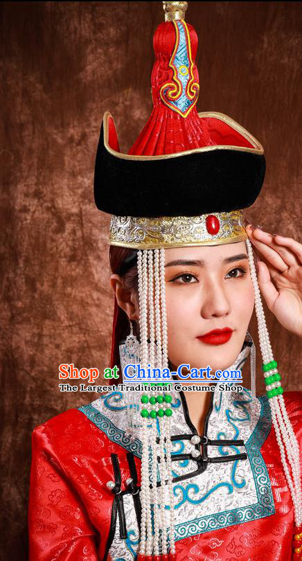 China Mongol Nationality Wedding Headwear Handmade Ethnic Bride Red Hat Mongolian Nationality Festival Headdress