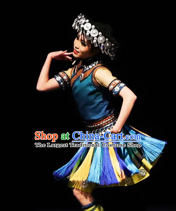 Chinese Traditional Yunnan Ethnic Green Dress Outfits Lisu Minority Stage Performance Apparels Dai Nationality Country Woman Dance Clothing
