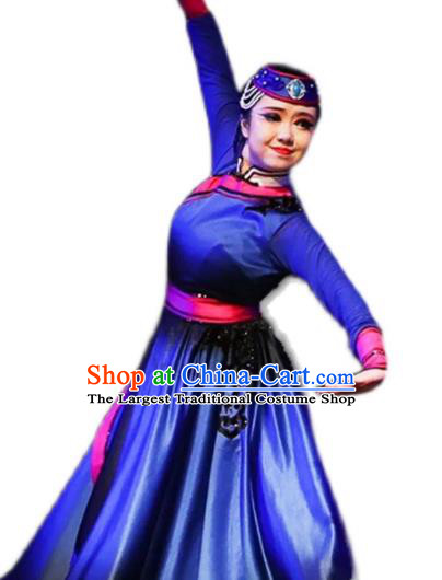 Chinese Mongolian Nationality Woman Dance Clothing Traditional Ethnic Performance Blue Dress Outfits Mongol Minority Folk Dance Apparels
