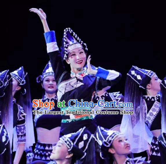 Chinese Dai Minority Folk Dance Apparels Tai Nationality Woman Dance Clothing Traditional Ethnic Performance Black Dress Outfits